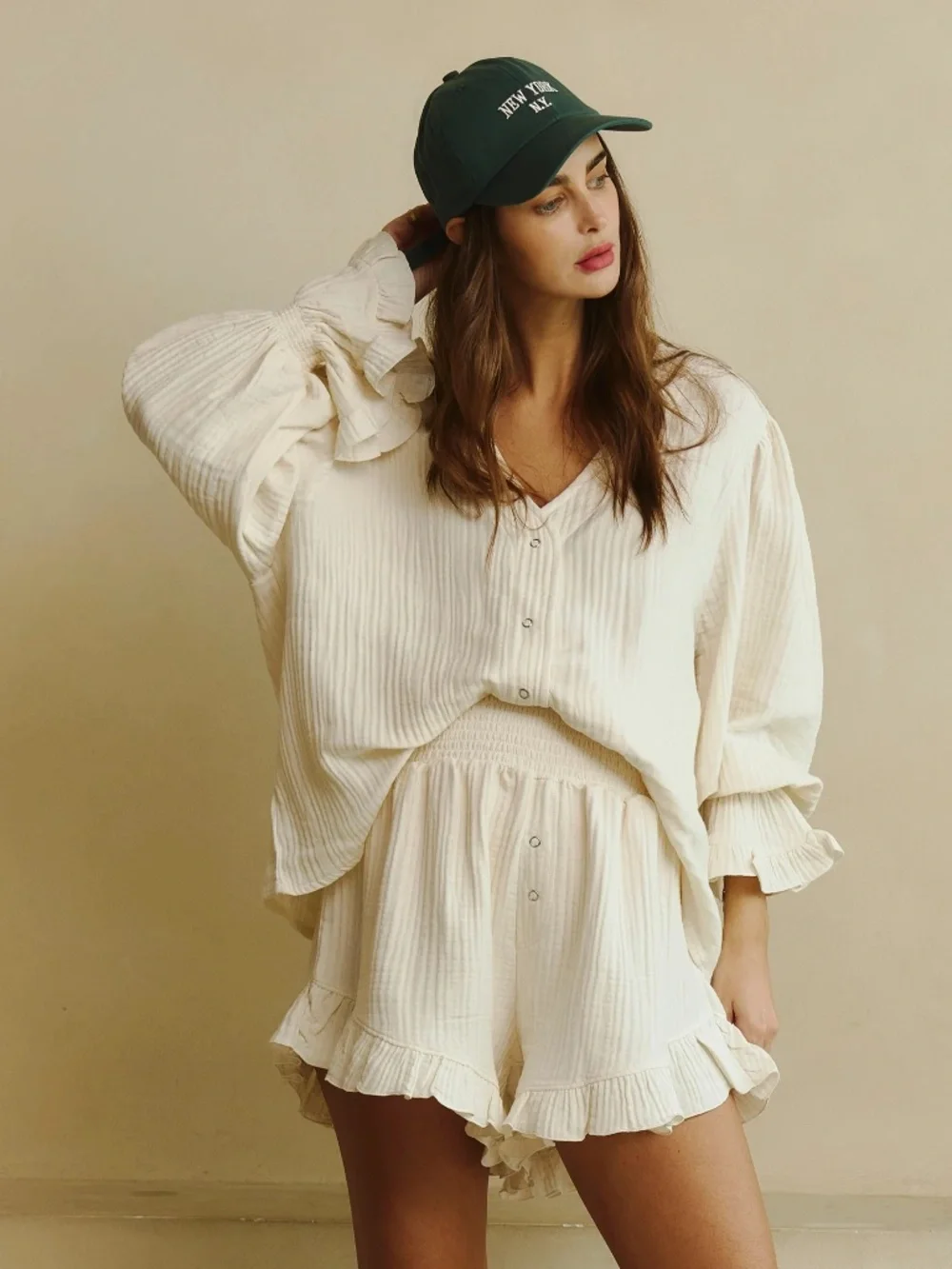 NWT Nothing Fits But Women's LUXE RUFFLED MUSLIN SET in Eggshell